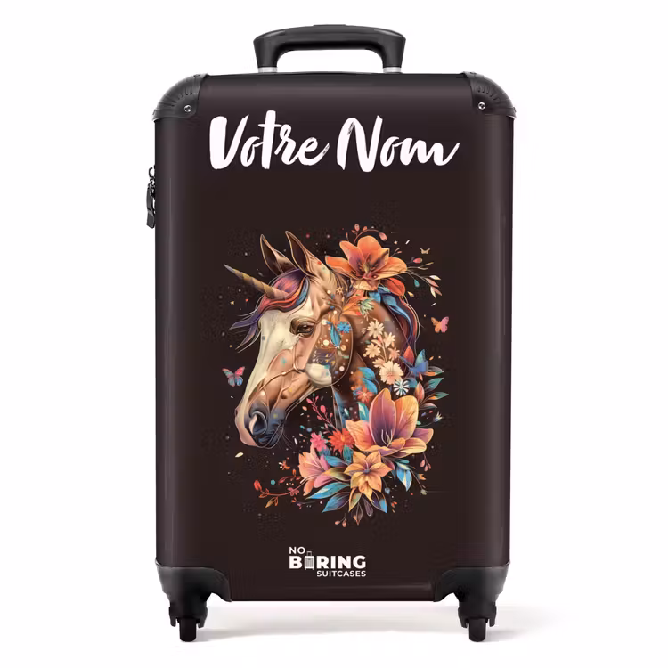Valise avec nom - Licorne et fleurs sur fond noir — 1