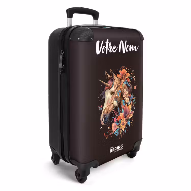 Valise avec nom - Licorne et fleurs sur fond noir — 2