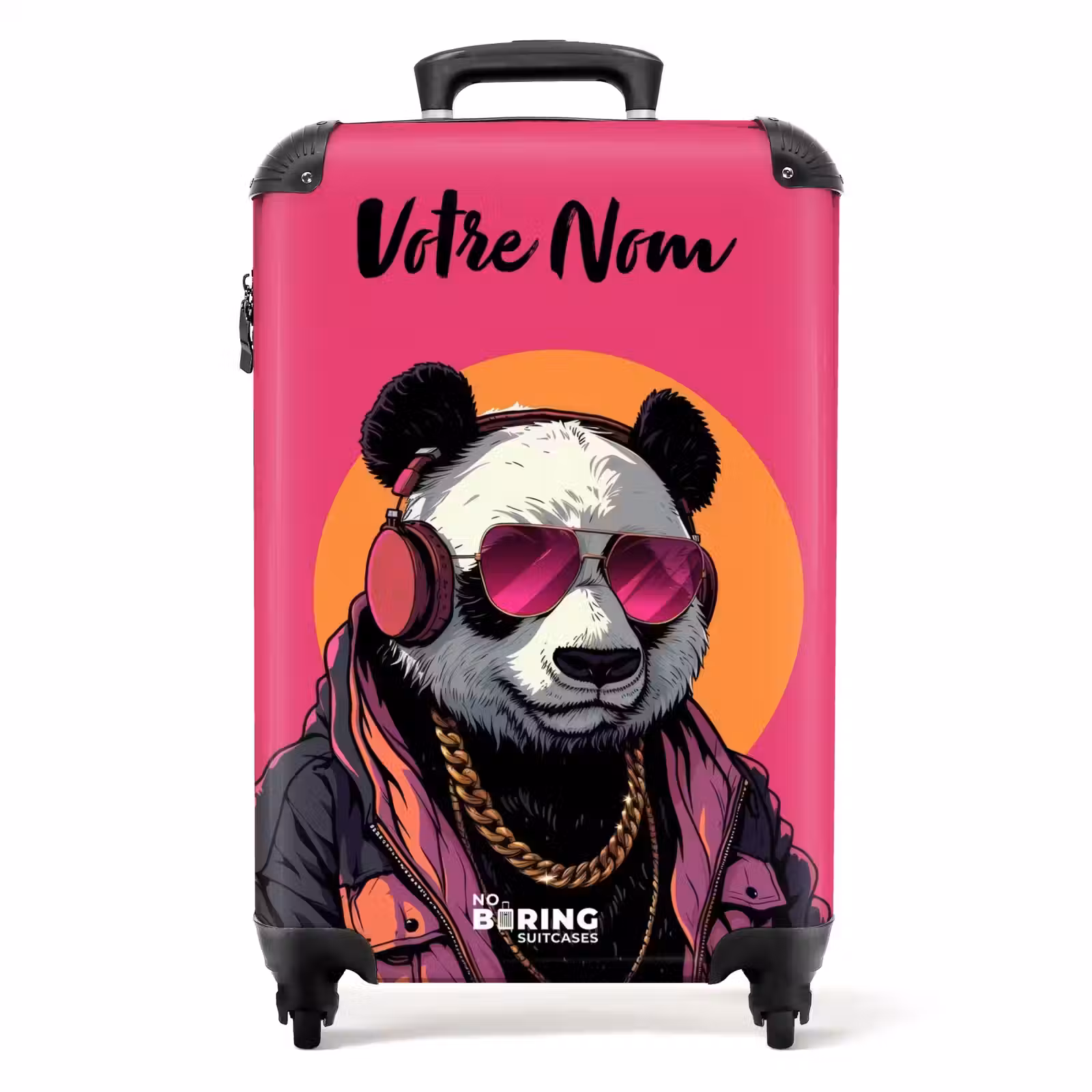 Valise avec nom - Panda avec écouteurs, lunettes de soleil et chaîne en or — 1