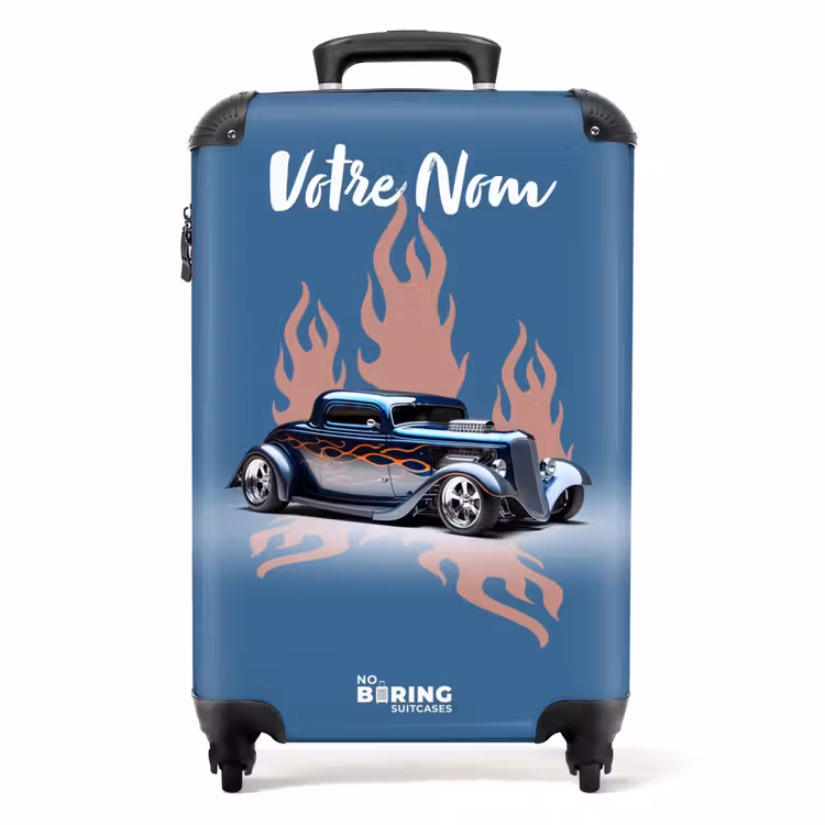 Valise avec nom - Voiture bleue avec flammes roses — 1