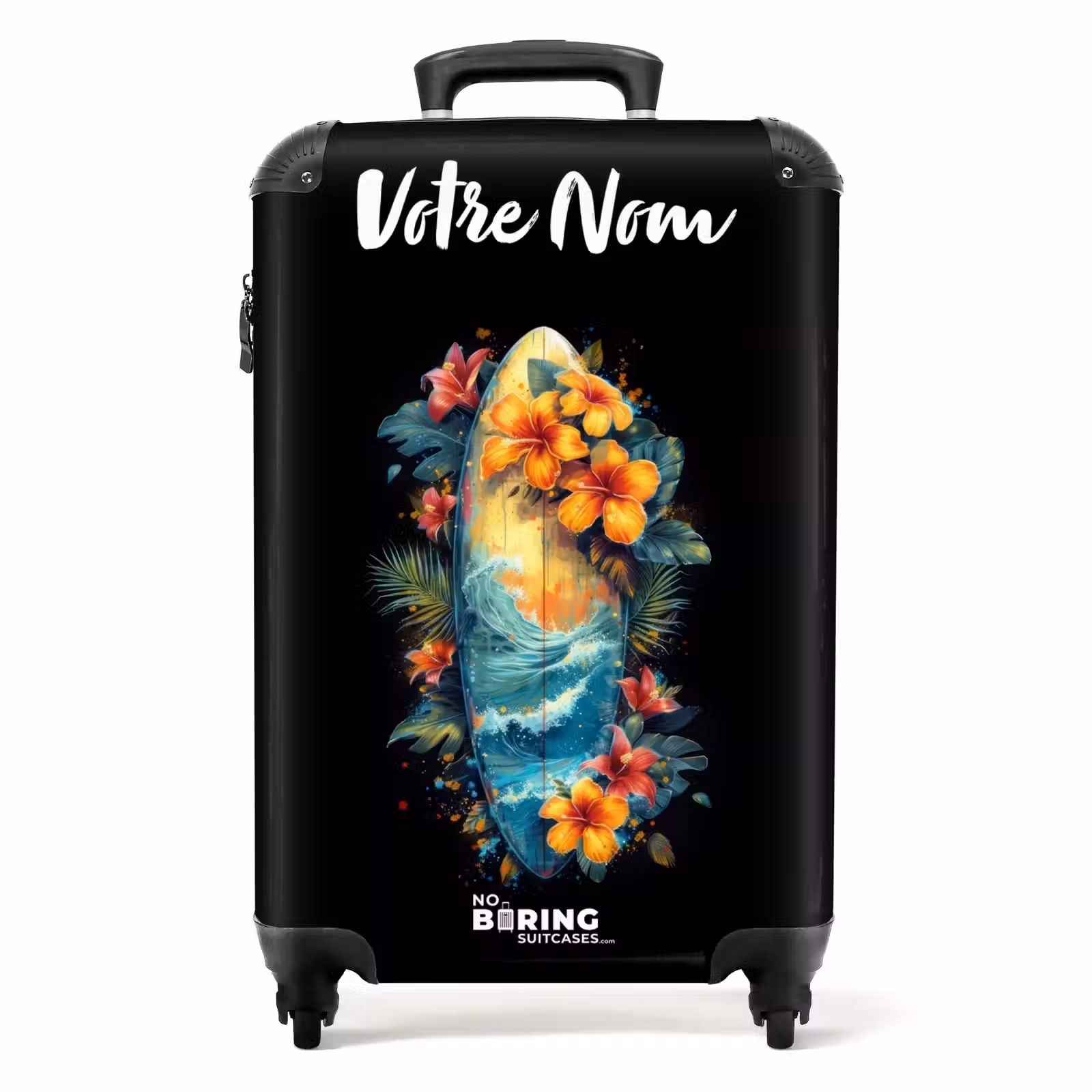 Valise avec nom - Planche de surf entourée de fleurs — 1
