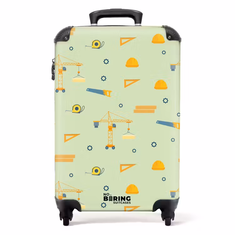 Valise - Grues de construction et outils de menuiserie sur fond vert menthe — 1