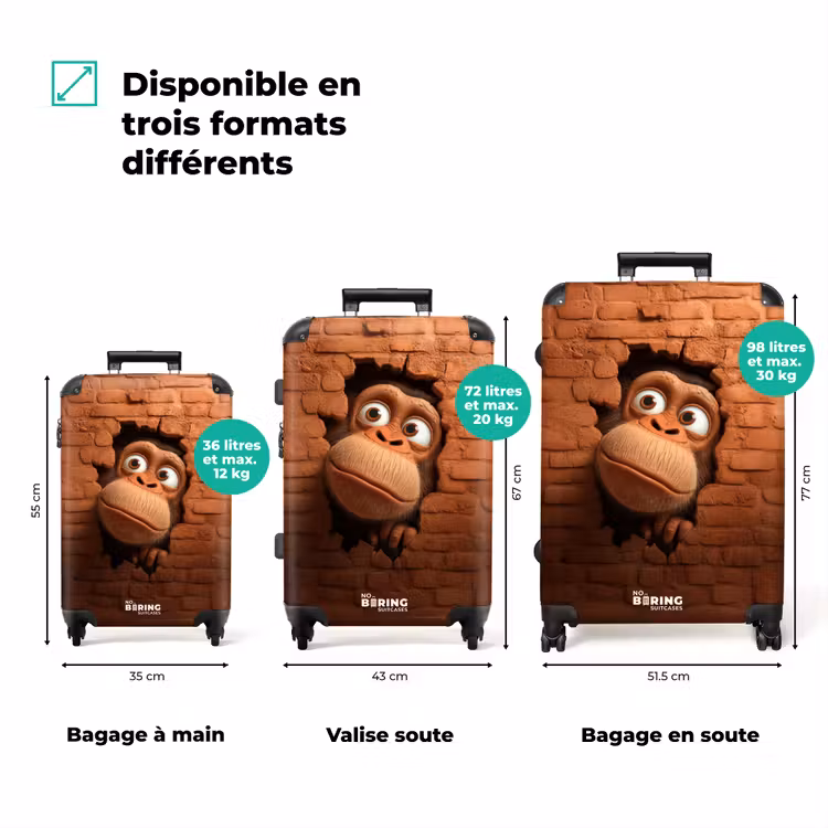 Valise - Un singe aux grands yeux regarde à travers un trou dans un mur de briques — 3