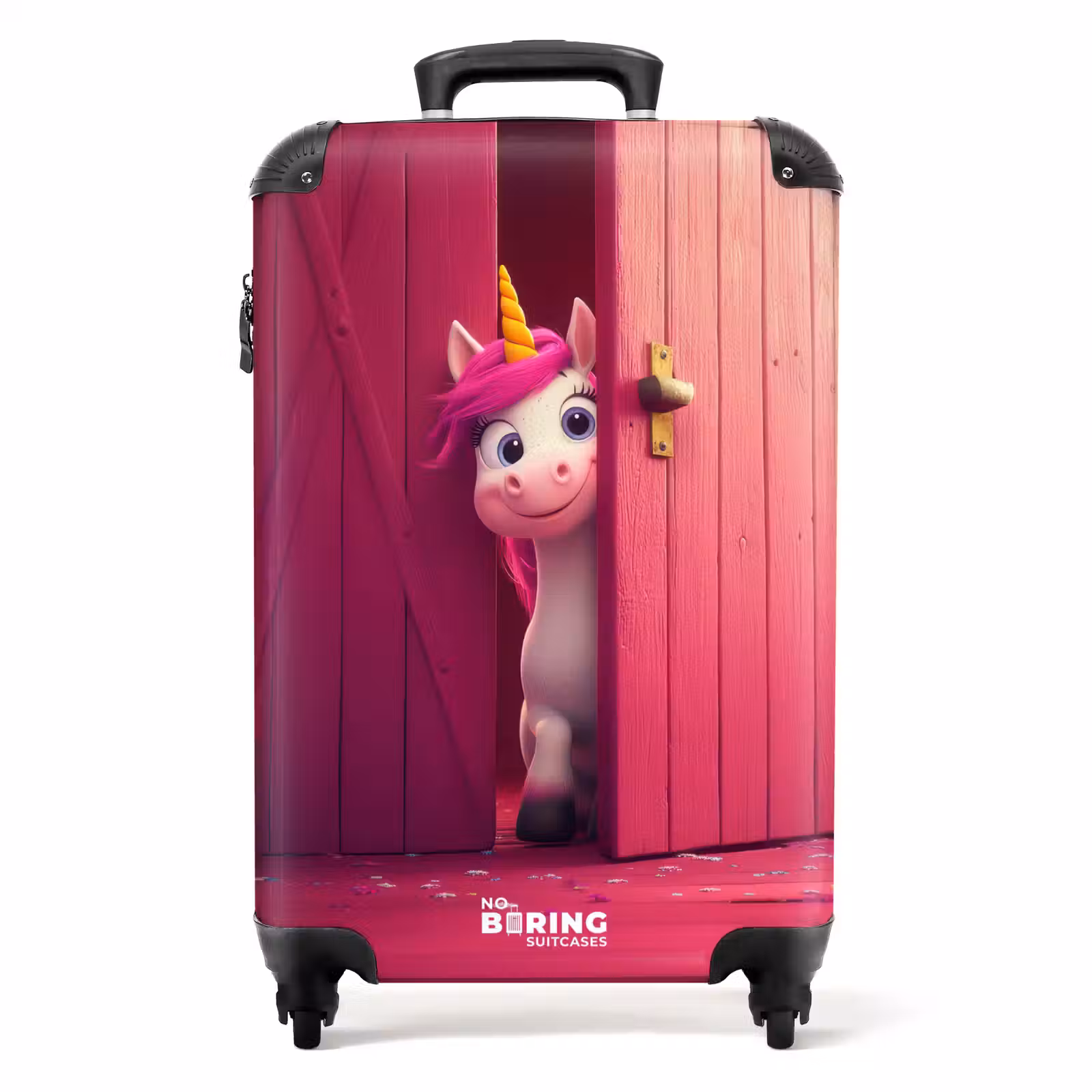 Valise - Licorne à la crinière rose derrière une porte rose — 1