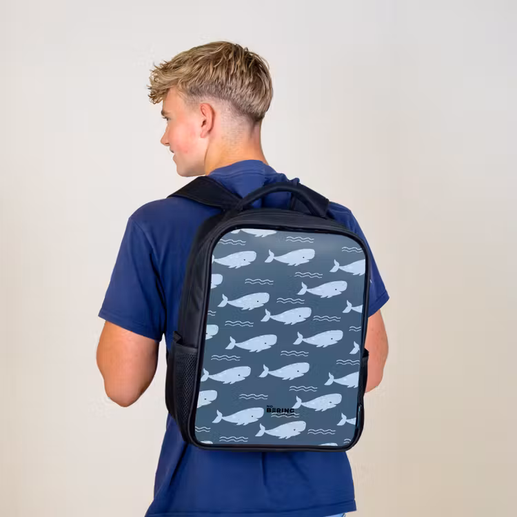 Sac à dos enfant - Noir - Baleine avec motifs de vagues bleu — 5