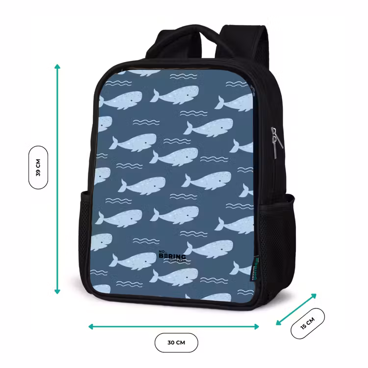 Sac à dos enfant - Noir - Baleine avec motifs de vagues bleu — 7