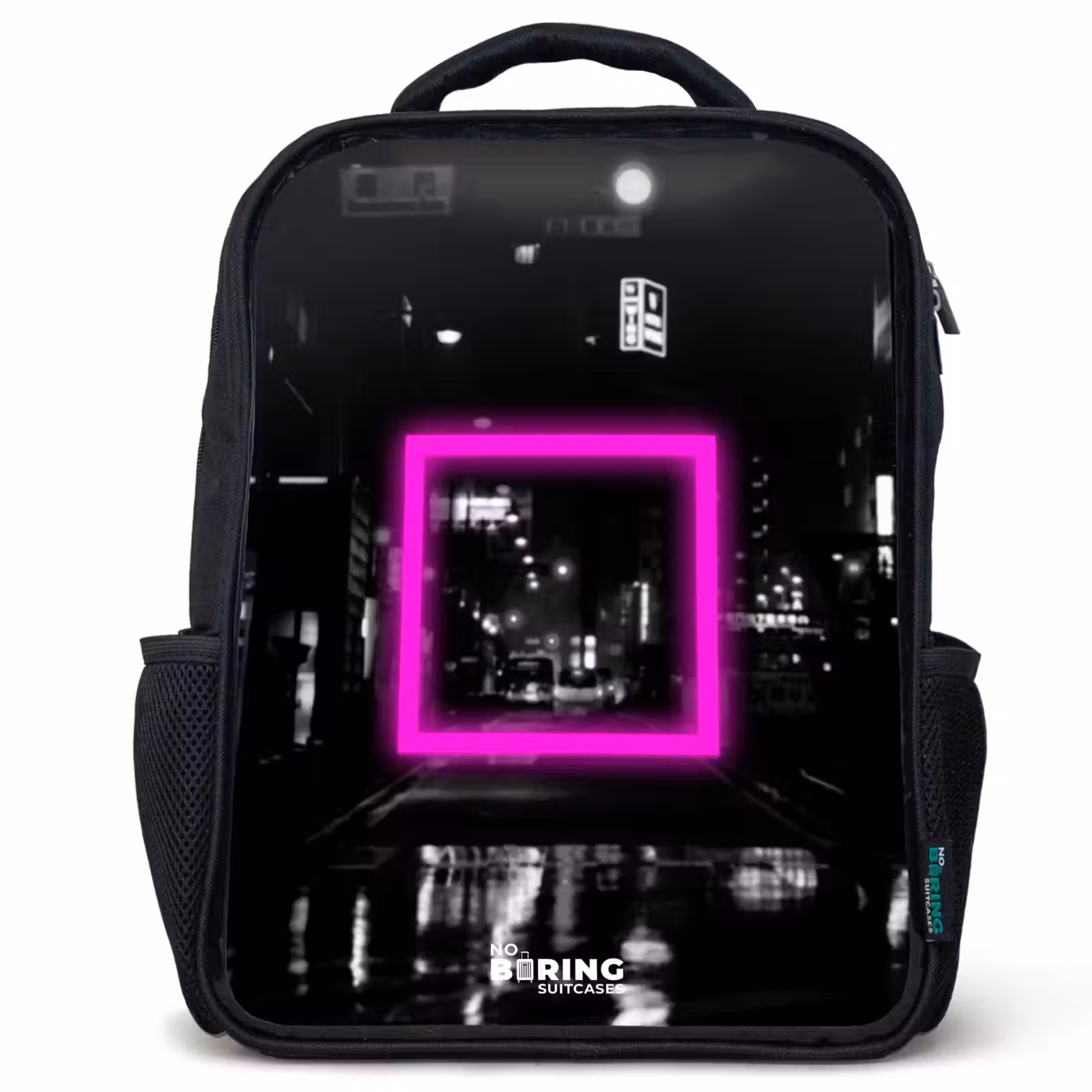 Sac à dos enfant - Noir - Carré rose vif sur fond lumineux — 1