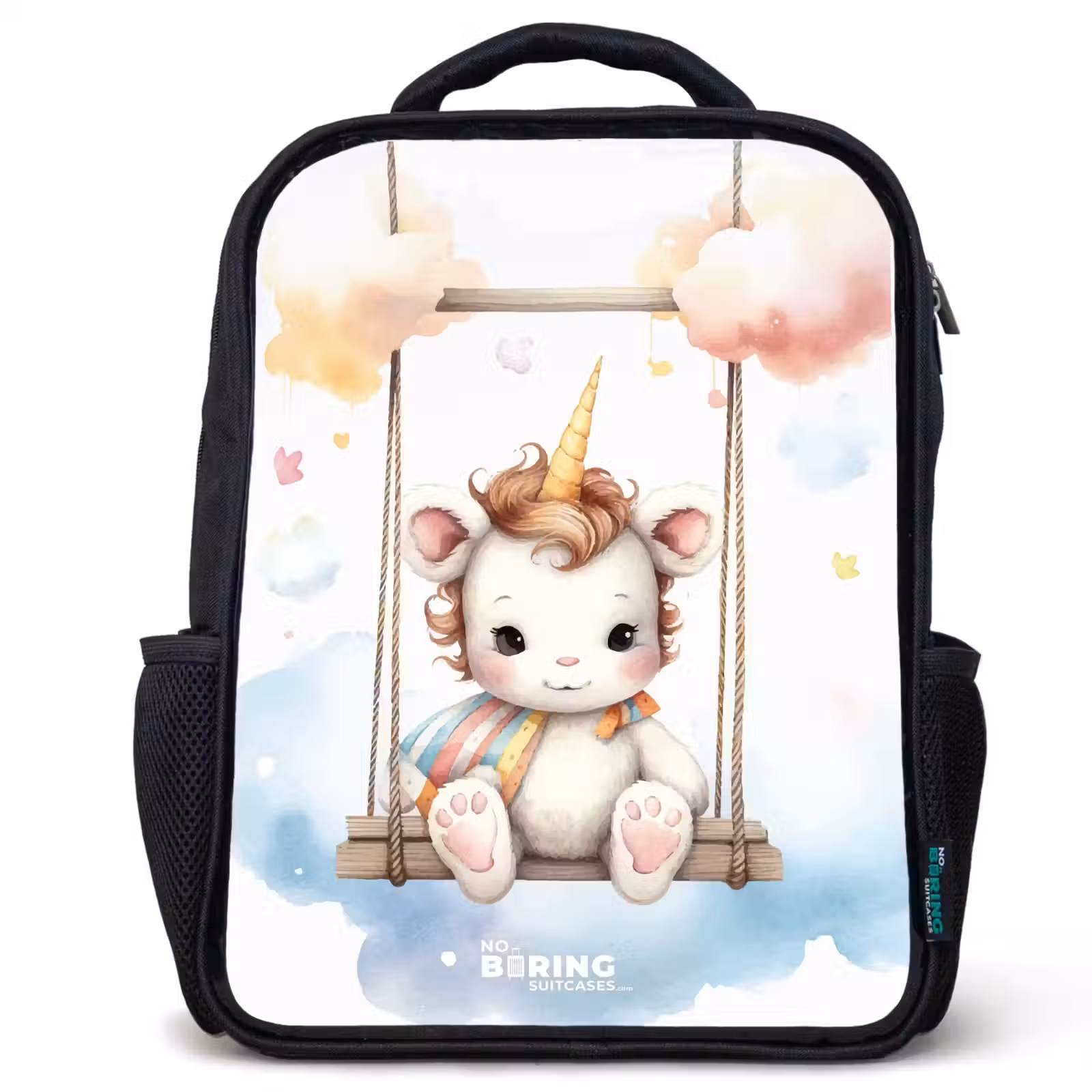 Sac à dos enfant - Noir - Bébé licorne blanc sur une balançoire dans les nuages — 1