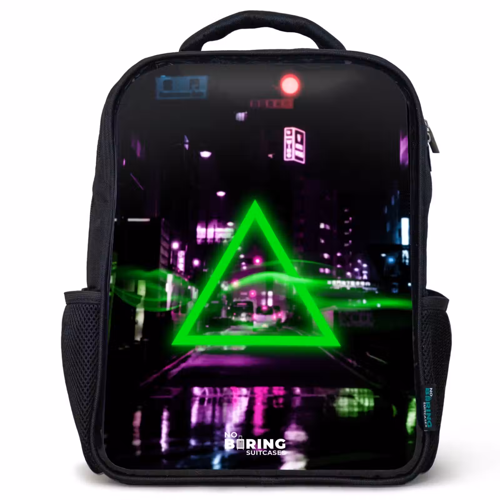 Sac à dos enfant - Noir - Triangle vert lumineux au-dessus d'une rue de la ville — 1