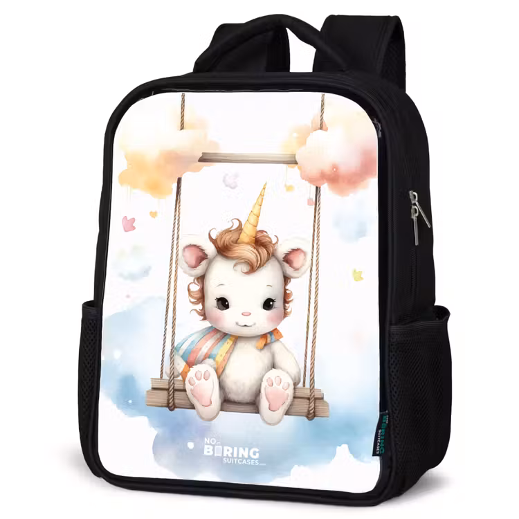 Sac à dos enfant - Noir - Bébé licorne blanc sur une balançoire dans les nuages — 6
