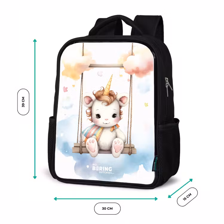 Sac à dos enfant - Noir - Bébé licorne blanc sur une balançoire dans les nuages — 8