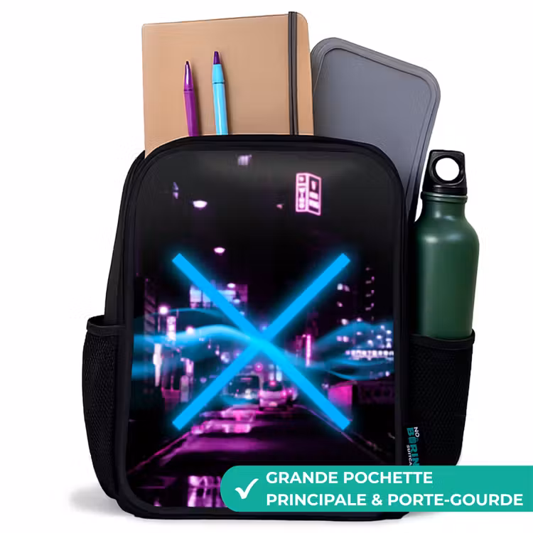 Sac à dos enfant - Noir - Croix bleue lumineuse sur une rue nocturne — 10