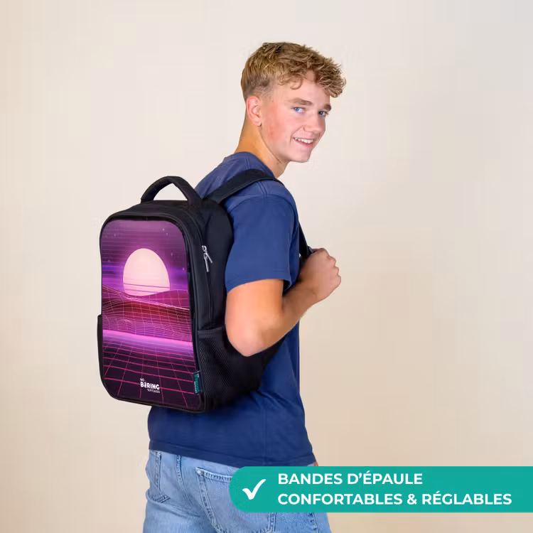 Sac à dos enfant - Noir - Grille de paysage avec soleil — 11