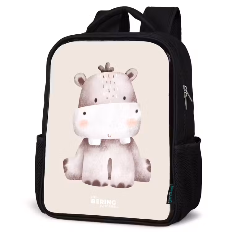 Sac à dos enfant - Noir - Illustration d'un hippopotame sur fond beige — 6