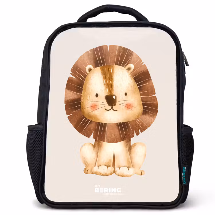 Sac à dos enfant - Noir - Illustration d'un lion sur fond beige — 1