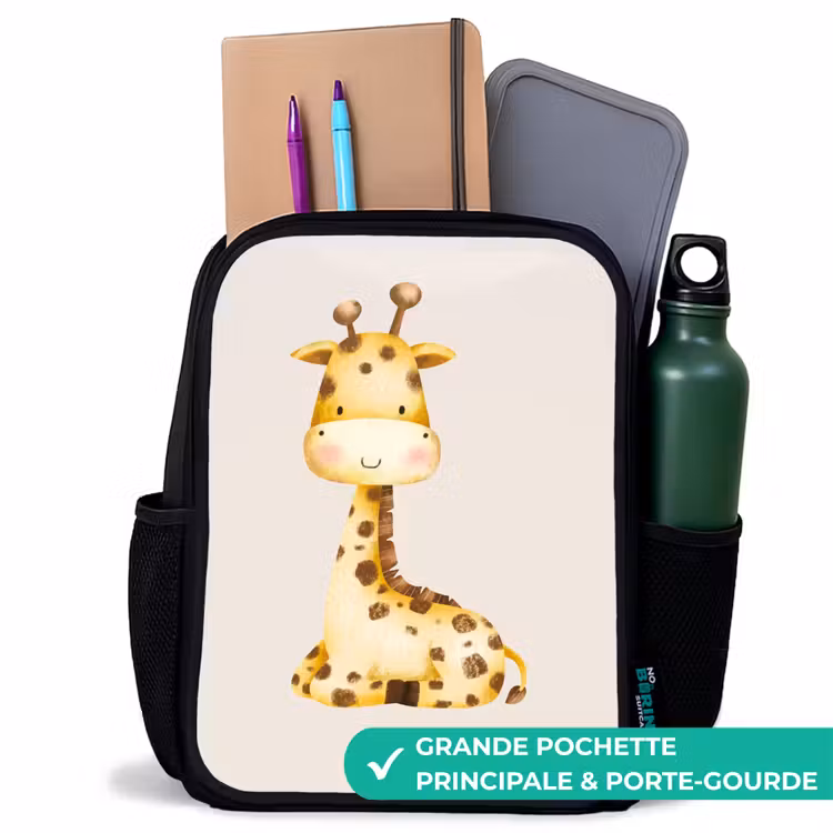 Sac à dos enfant - Noir - Illustration d'une girafe couchée sur fond beige — 10