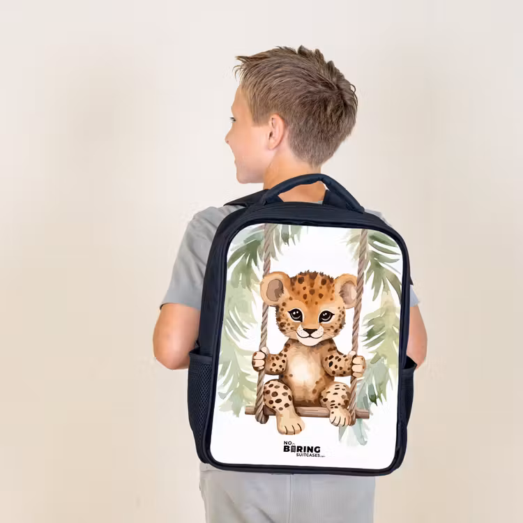 Sac à dos enfant - Noir - Léopard sur une balançoire illustration aquarelle — 2