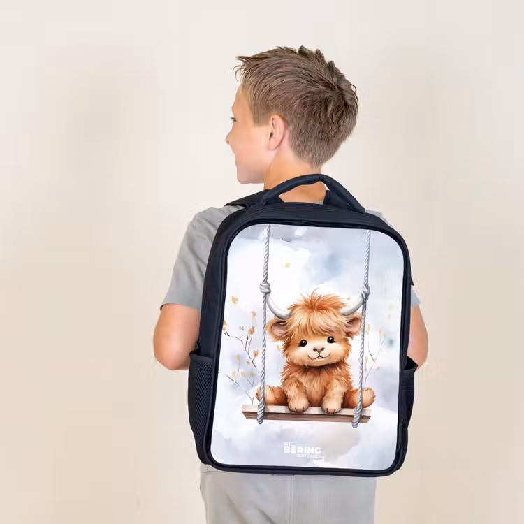 Sac à dos enfant - Noir - Veau à l'aquarelle de Highlander écossais se balançant — 2