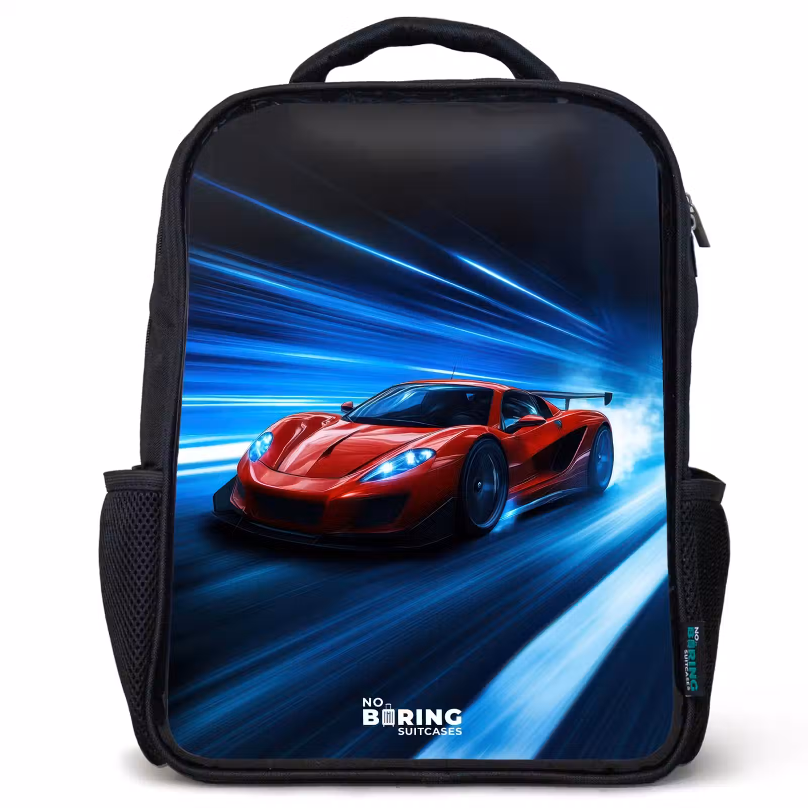 Sac à dos enfant - Noir - Voiture de course rouge dans le monde de la vitesse numérique — 1
