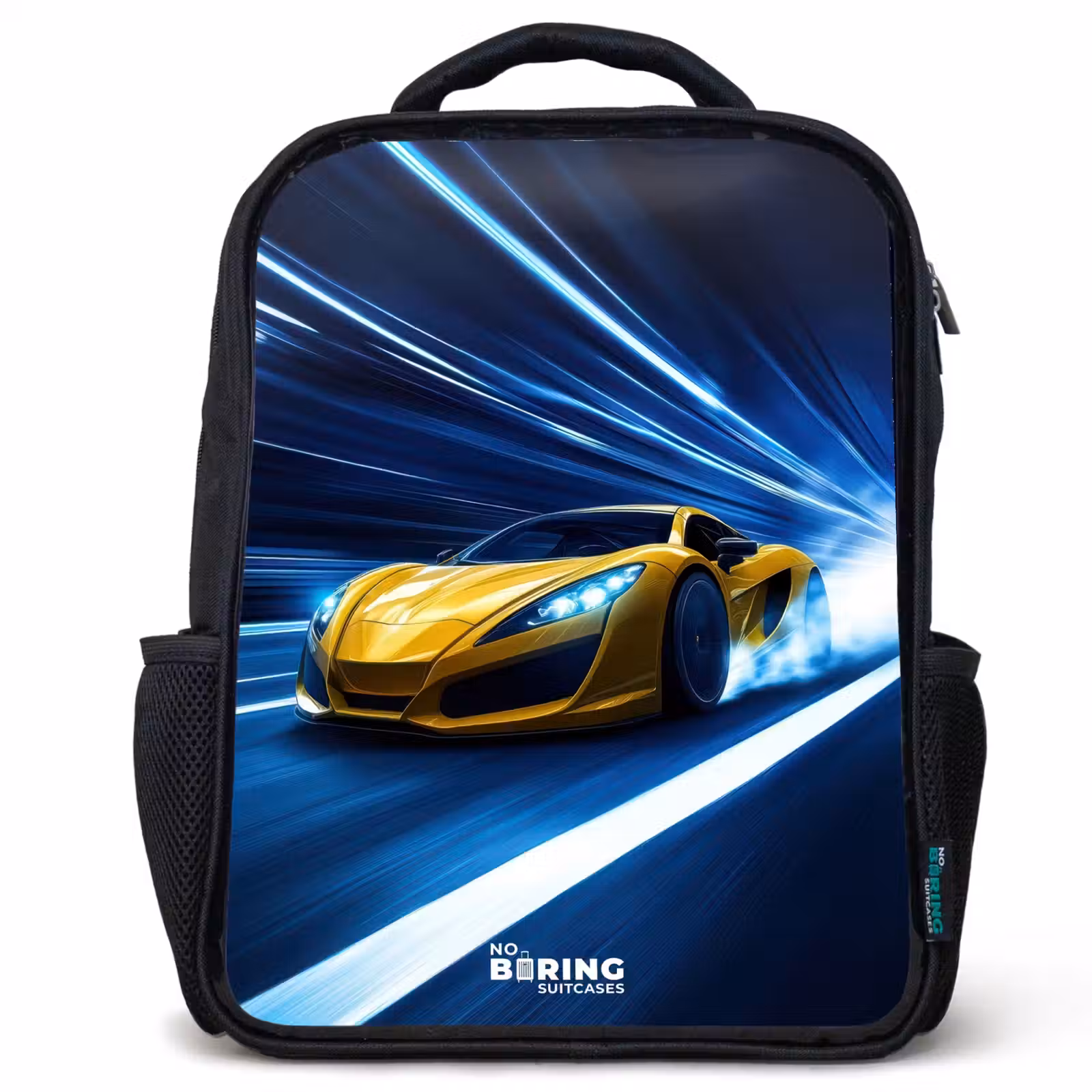 Sac à dos enfant - Noir - Voiture de sport jaune dans un tunnel lumineux de vitesse — 1
