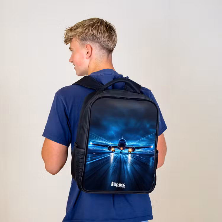 Sac à dos enfant - Noir - Décollage d'un avion dans un paysage nocturne futuriste — 5