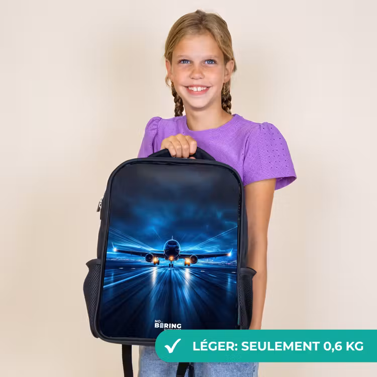 Sac à dos enfant - Noir - Décollage d'un avion dans un paysage nocturne futuriste — 9