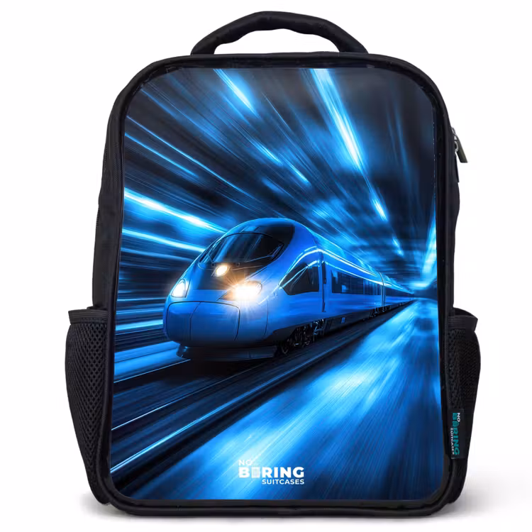 Sac à dos enfant - Noir - Un train ultrarapide dans un tunnel bleu fluo — 1