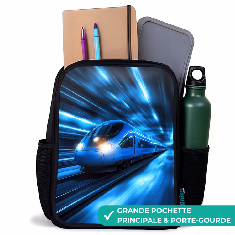 Sac à dos enfant - Noir - Un train ultrarapide dans un tunnel bleu fluo — 10