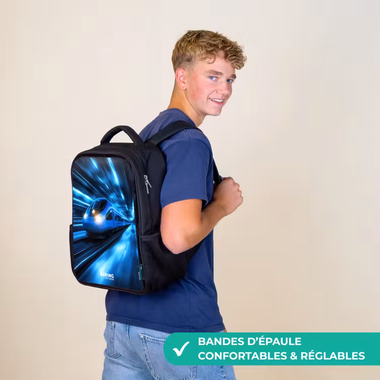 Sac à dos enfant - Noir - Un train ultrarapide dans un tunnel bleu fluo — 11
