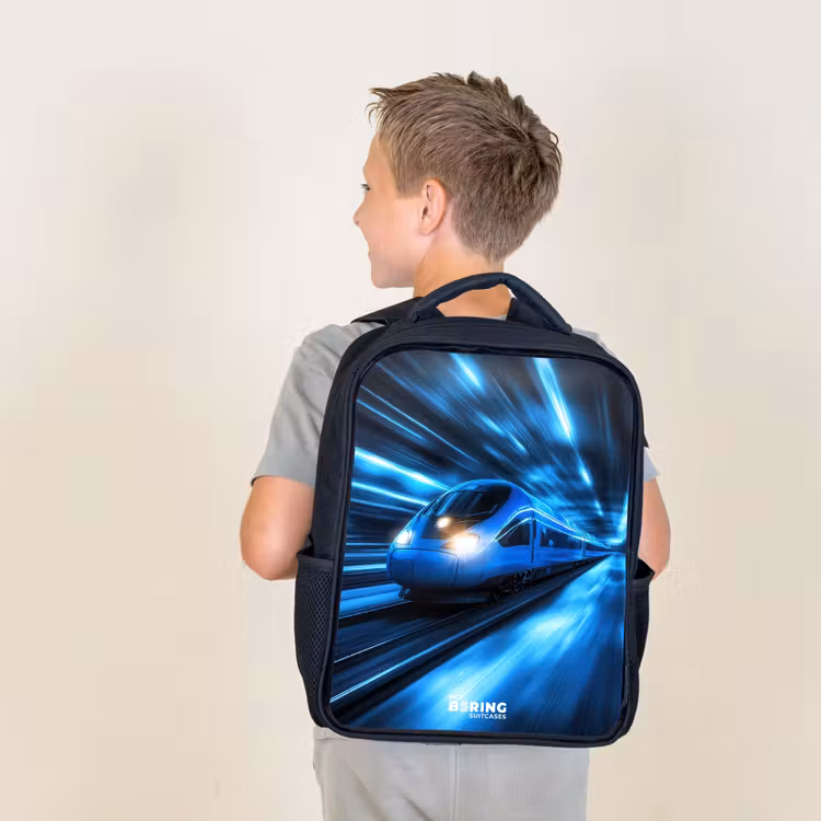 Sac à dos enfant - Noir - Un train ultrarapide dans un tunnel bleu fluo — 2
