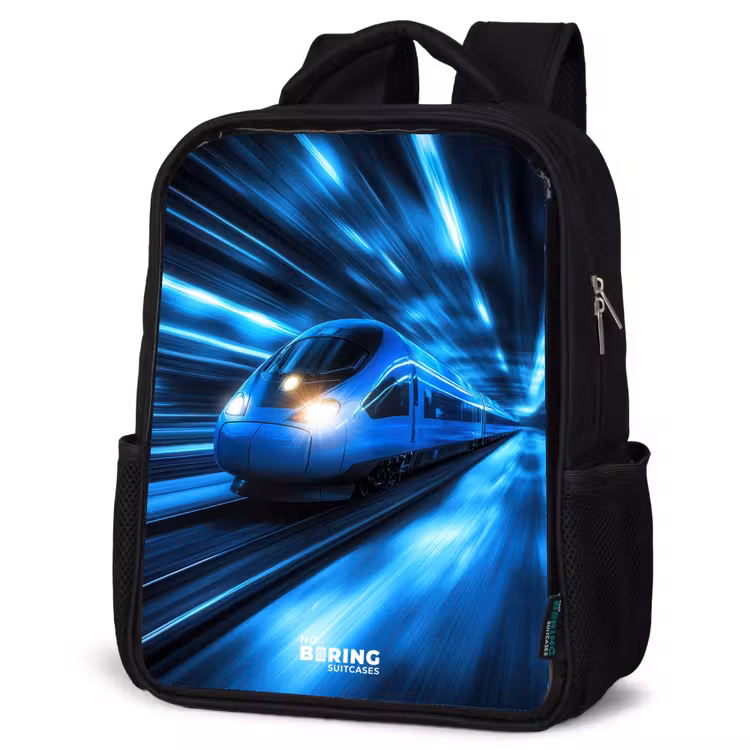 Sac à dos enfant - Noir - Un train ultrarapide dans un tunnel bleu fluo — 6