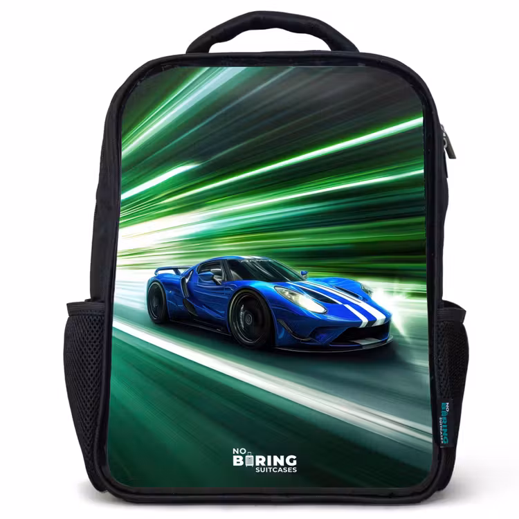 Sac à dos enfant - Noir - Voiture de course bleue avec des rayures dans un tunnel vert — 1