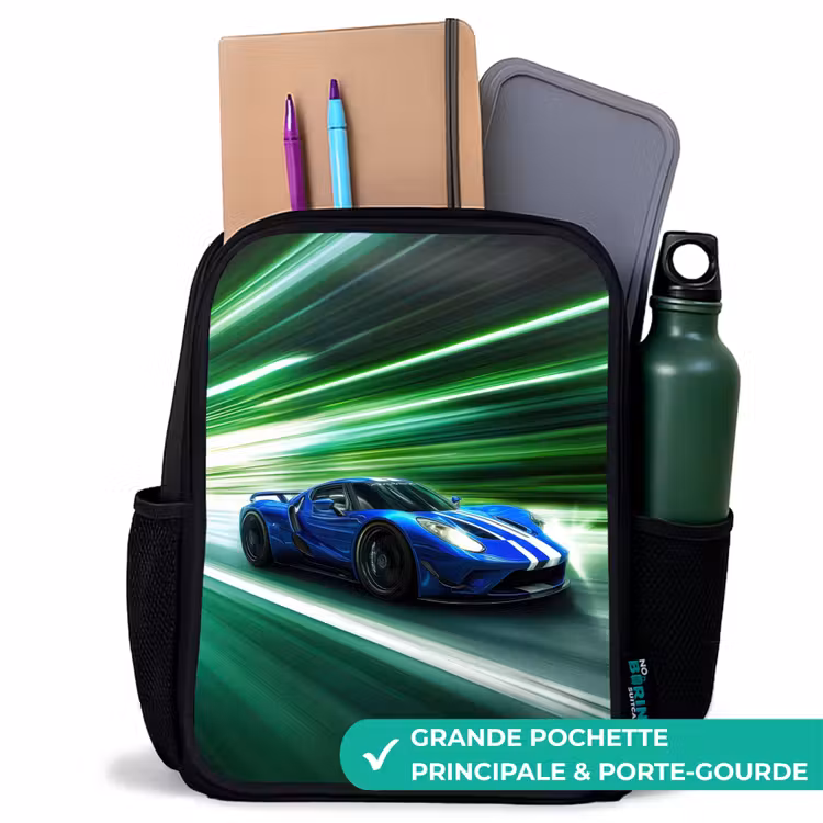 Sac à dos enfant - Noir - Voiture de course bleue avec des rayures dans un tunnel vert — 10