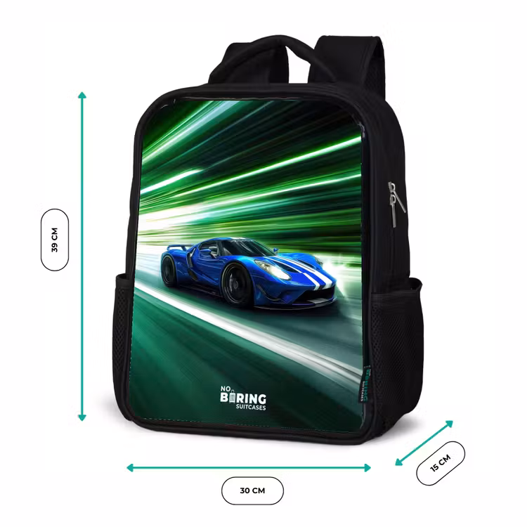 Sac à dos enfant - Noir - Voiture de course bleue avec des rayures dans un tunnel vert — 8