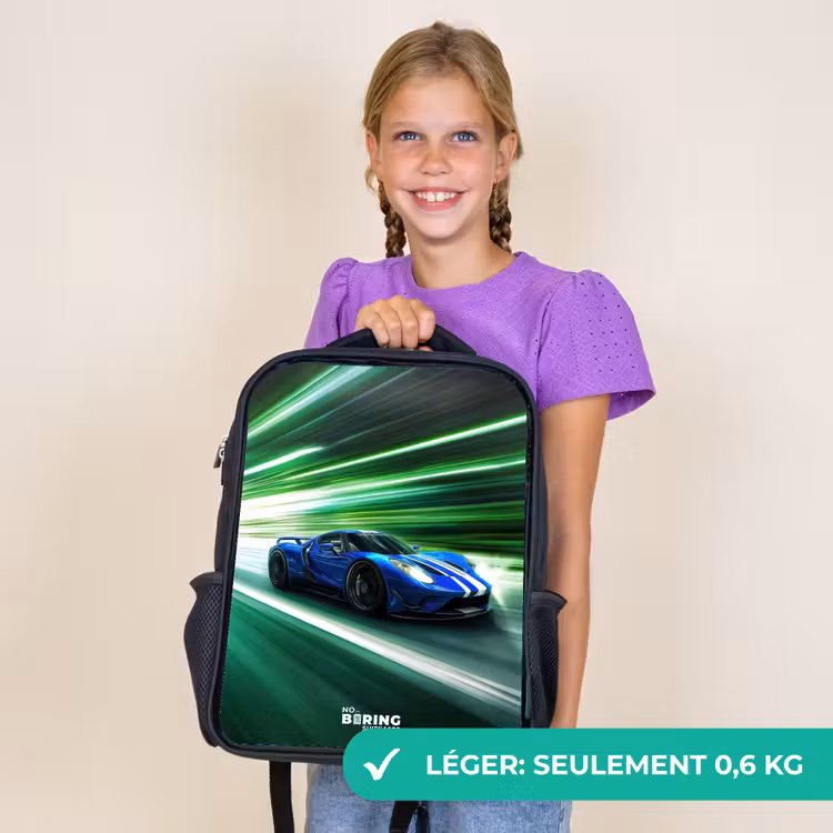Sac à dos enfant - Noir - Voiture de course bleue avec des rayures dans un tunnel vert — 9
