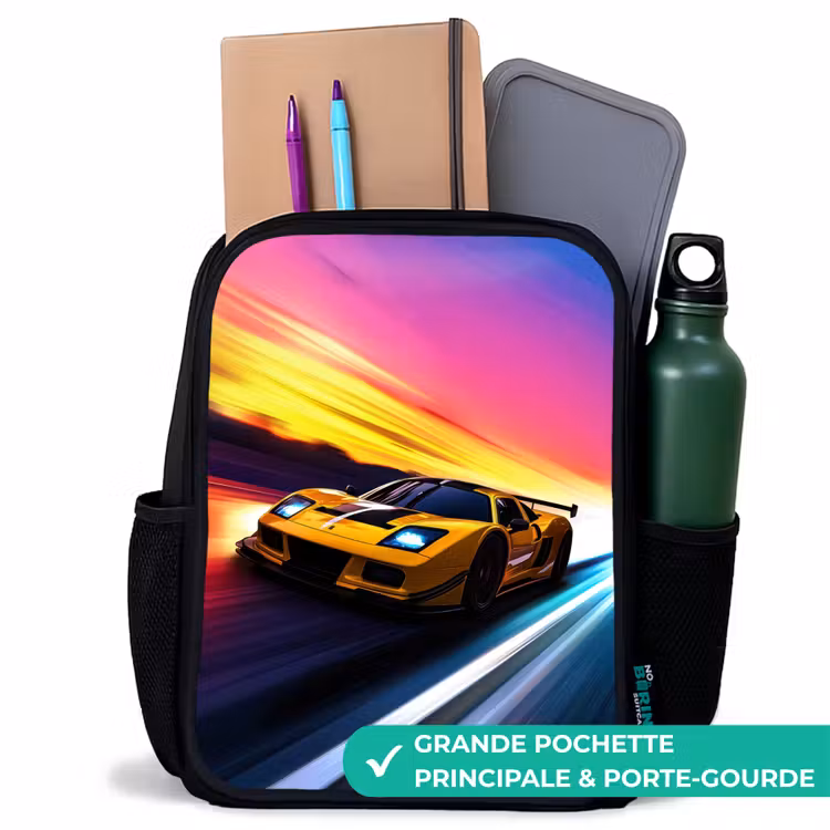 Sac à dos enfant - Noir - Voiture de course jaune au coucher du soleil — 10