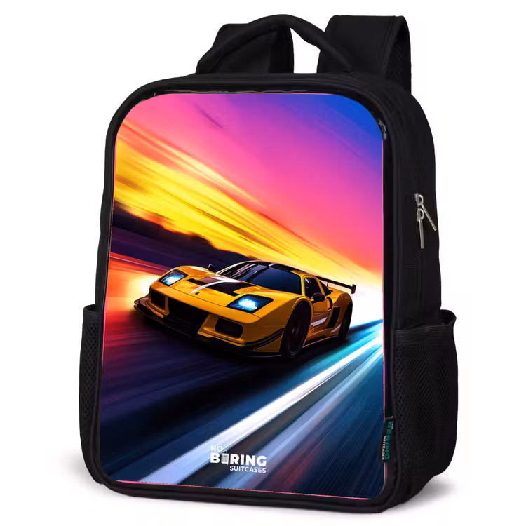Sac à dos enfant - Noir - Voiture de course jaune au coucher du soleil — 6