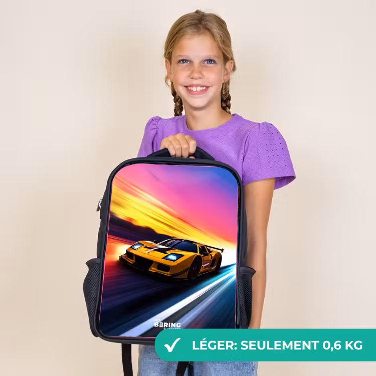 Sac à dos enfant - Noir - Voiture de course jaune au coucher du soleil — 9