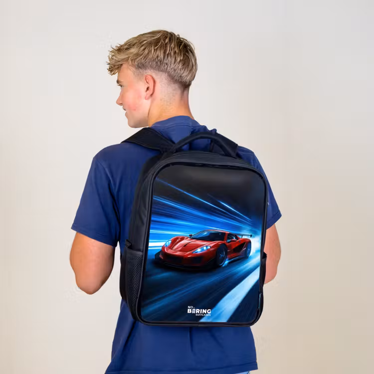 Sac à dos enfant - Noir - Voiture de course rouge dans le monde de la vitesse numérique — 5
