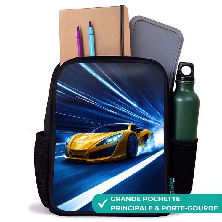 Sac à dos enfant - Noir - Voiture de sport jaune dans un tunnel lumineux de vitesse — 10