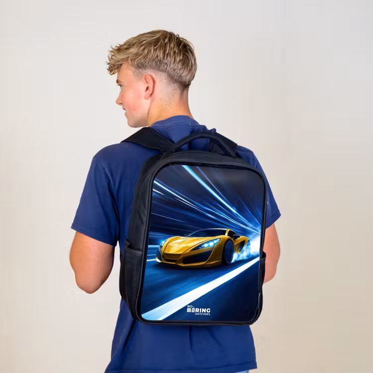 Sac à dos enfant - Noir - Voiture de sport jaune dans un tunnel lumineux de vitesse — 5