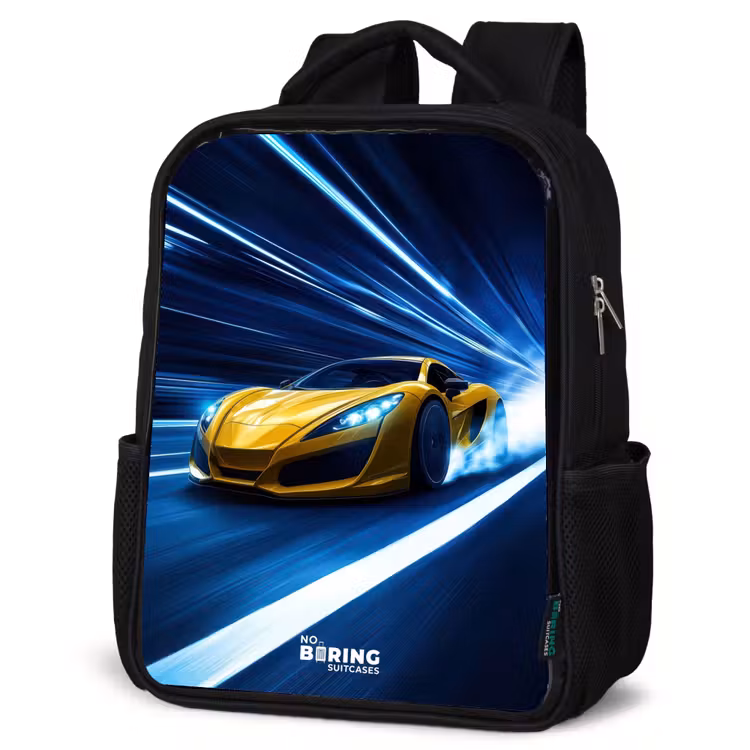 Sac à dos enfant - Noir - Voiture de sport jaune dans un tunnel lumineux de vitesse — 6