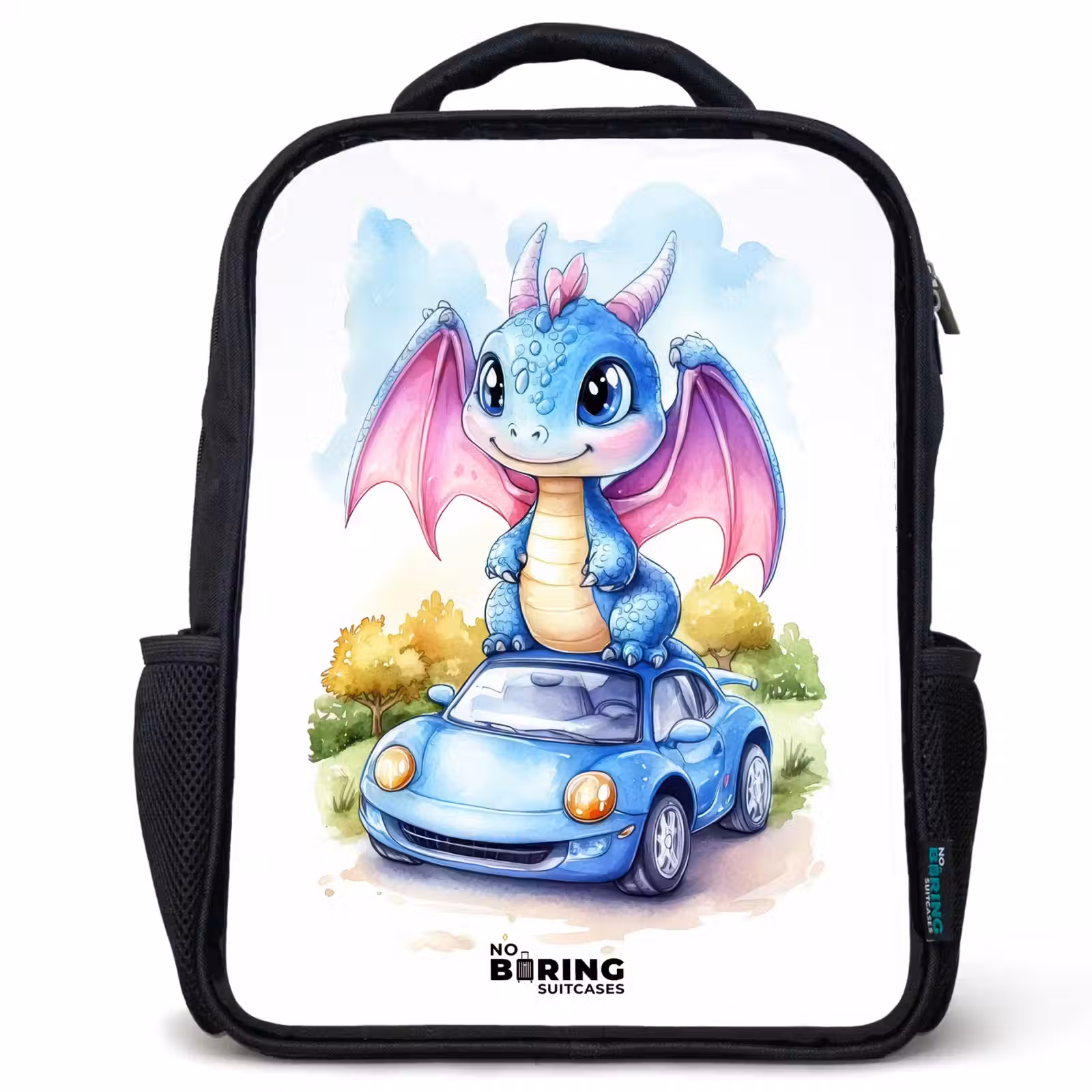 Sac à dos enfant - Noir - Bébé dragon sur une voiture bleue dans un paysage boisé — 1