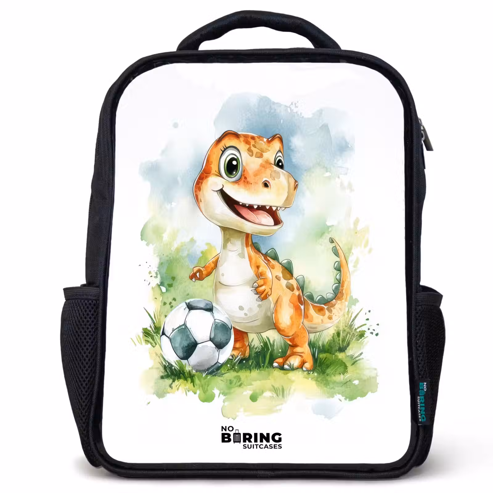 Sac à dos enfant - Noir - Dino avec un ballon de football dans un champ coloré — 1