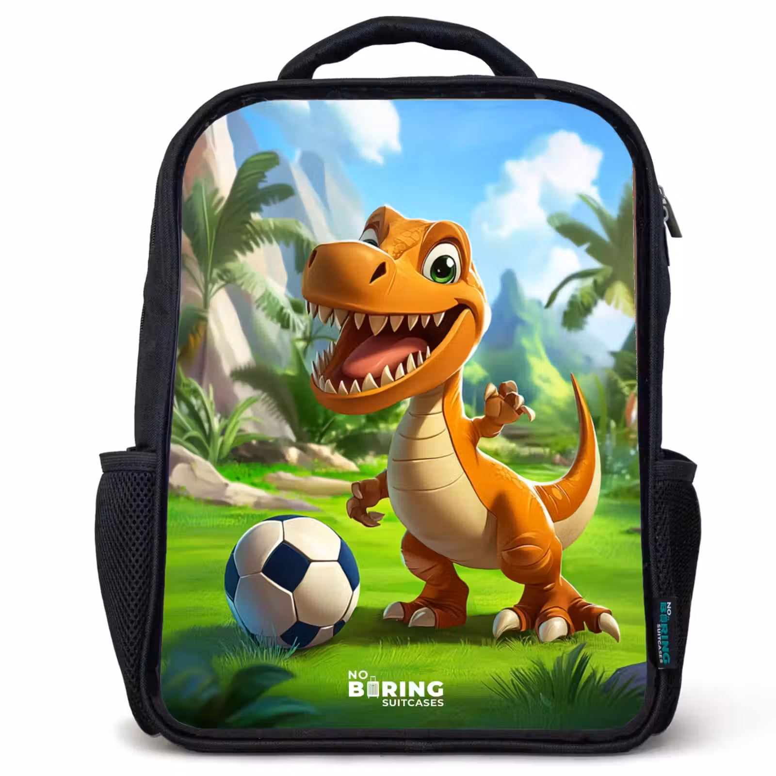 Sac à dos enfant - Noir - Dino avec un ballon de football dans un paysage verdoyant — 1