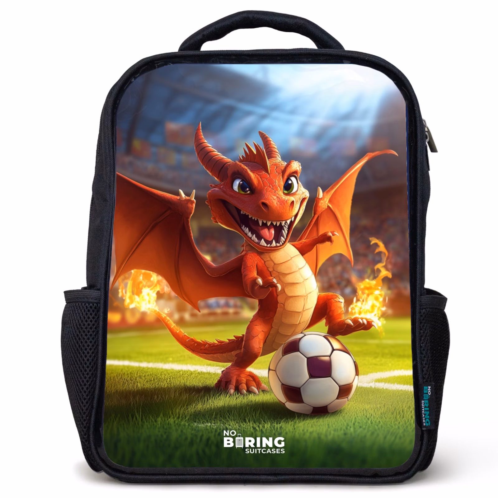 Sac à dos enfant - Noir - Le dragon rouge joue au football dans un stade ensoleillé — 1