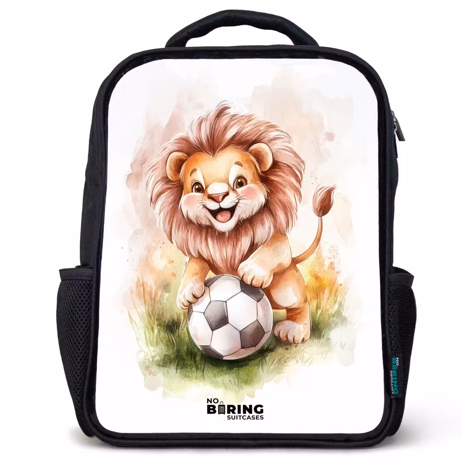 Sac à dos enfant - Noir - Lion enjoué avec un ballon de football sur une pelouse — 1