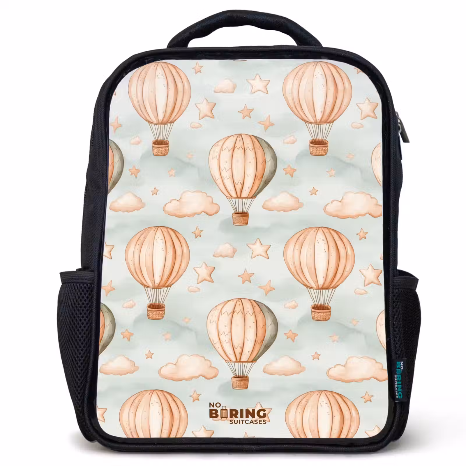 Sac à dos enfant - Noir - Montgolfières vintage en sépia avec nuages et étoiles — 1