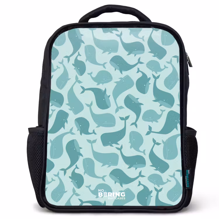Sac à dos enfant - Noir - Baleines stylisées dans des tons de vert de mer — 1