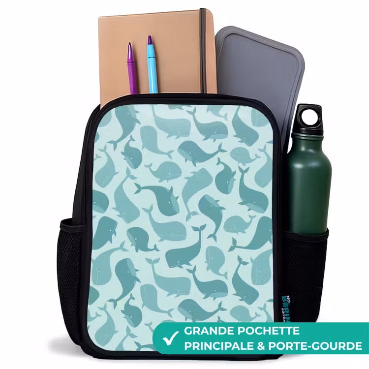 Sac à dos enfant - Noir - Baleines stylisées dans des tons de vert de mer — 10
